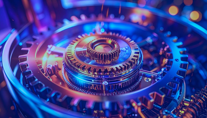 Imagen conceptual de engranajes metálicos que representa la precisión, automatización y eficiencia operativa en la administración del ciclo de vida de tarjetas con la solución EVERYCARD® de CLAI PAYMENTS® Technologies.
