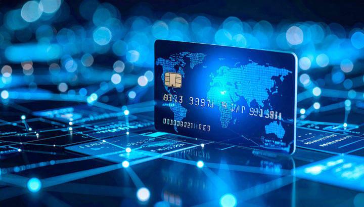 Visual de una tarjeta bancaria digital integrada a una red global interconectada, reflejando la solución de administración de ciclo de vida de tarjetas de CLAI PAYMENTS® con enfoque en automatización, escalabilidad y control total.