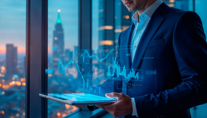 Imagen ilustrativa de un entorno digital para análisis financiero, ideal para representar plataformas core de tarjetas con inteligencia operativa y monitoreo en tiempo real.