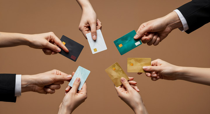 Imagen que representa la flexibilidad y variedad de tarjetas emitidas al instante en un ecosistema bancario omnicanal, compatible con experiencias físicas y digitales.