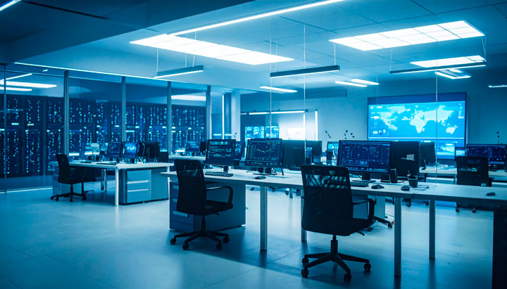 Visualización de un centro de monitoreo financiero que gestiona transacciones en tiempo real con tecnología de ruteo inteligente.