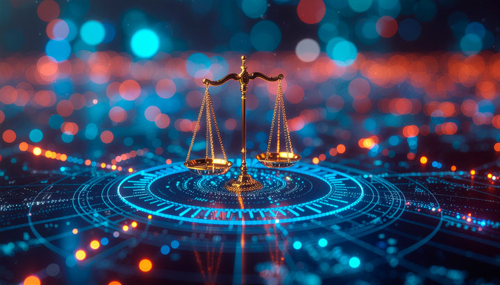 Visualización conceptual del equilibrio entre normativas legales y tecnología financiera, clave para implementar soluciones de cumplimiento con seguridad extremo a extremo.