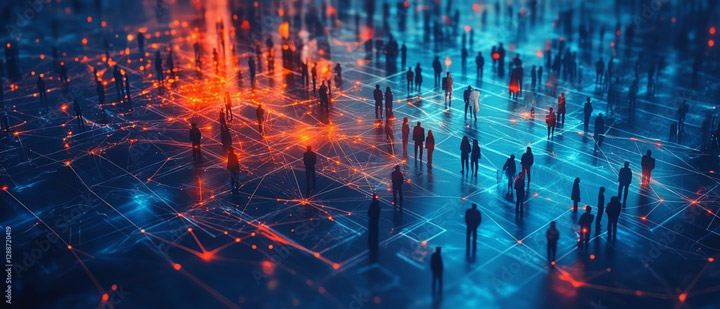 Visualización abstracta de conectividad y adaptación tecnológica, ideal para representar la personalización de soluciones según cada tipo de entidad financiera.