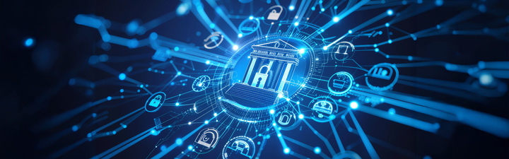 Visualización del ecosistema bancario digital protegido con algoritmos predictivos, tecnología clave para anticipar fraudes y garantizar transacciones seguras.