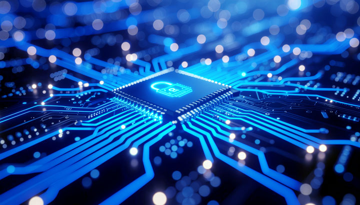 This is a conceptual image of a microchip with integrated security, representing protection from the core of financial technology infrastructures.