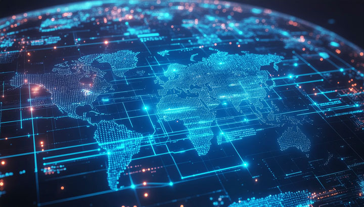 Imagen de un mapa digital interconectado que simboliza la solución global EVERYCARD®, un Card Management System escalable y seguro para el futuro de los pagos.