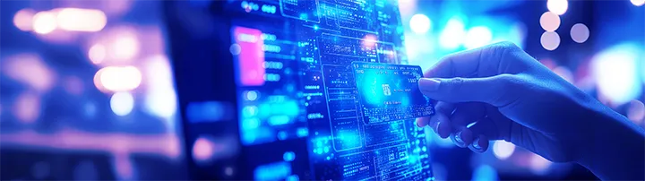 Imagen que representa una experiencia de pago sin fricción, donde tarjetas, canales digitales y sistemas conectados trabajan de forma integrada dentro de un ecosistema omnicanal. Ideal para contenidos sobre transformación digital, interoperabilidad y experiencia del cliente en servicios financieros.