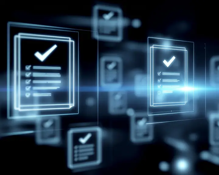 Ilustración digital de procesos de evaluación y cumplimiento utilizada para representar la certificación Trust Certified de CLAI PAYMENTS® Technologies Guatemala.