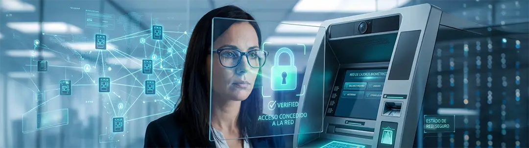An image illustrating the use of facial biometrics at ATMs, highlighting the shift towards more secure, digital, and contactless banking authentication.