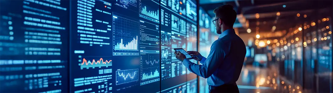 Profesional analizando paneles de datos en múltiples pantallas que representan la orquestación de servicios y la gestión de integraciones en la banca digital.