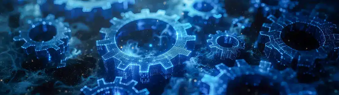 Engranajes digitales interconectados que representan los procesos y la creciente complejidad de las integraciones en la banca digital.