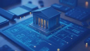 Infraestructura de banca digital, que muestra un centro de pagos que centraliza el procesamiento de pagos, la conectividad de red y la gestión de transacciones para las entidades financieras.