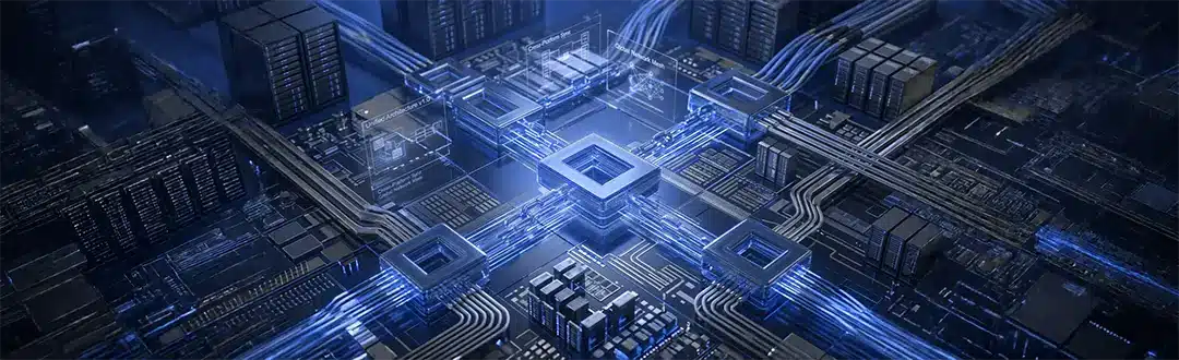 Infraestructura digital interconectada con procesadores y flujos de datos que representan una arquitectura unificada para la modernización de pagos y operaciones financieras.