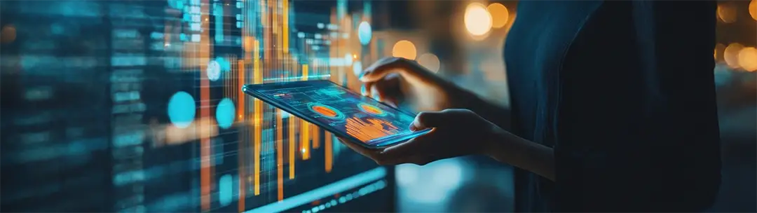 A person interacting with a digital financial, data, and analytics interface that represents agile and simplified management of payment operations.