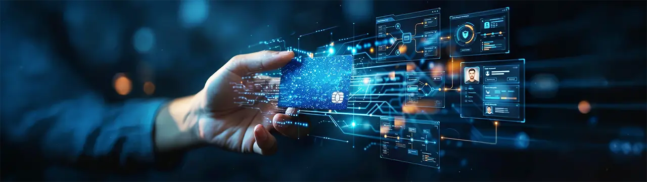 A person holding a digital bank card, connected to multiple technological interfaces, representing the modernization of card issuance and payment orchestration.