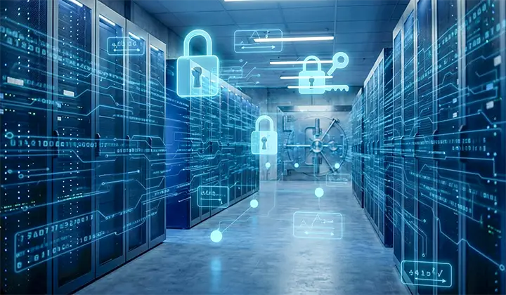 Centro de datos con servidores y candados digitales que representan la protección de llaves criptográficas y pagos transaccionales.