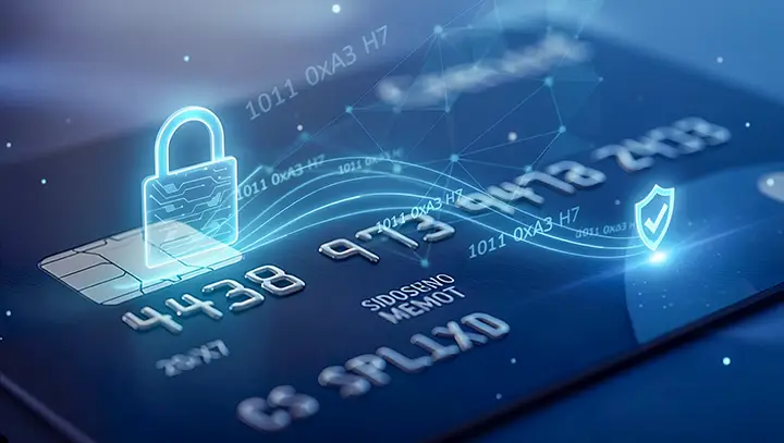 Tarjeta de pago con candado digital que representa la protección criptográfica de datos financieros y transacciones seguras.