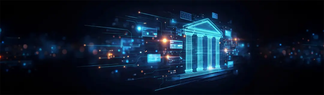Ilustración digital de una arquitectura de Hub de Pagos Bancarios que integra redes de pago, sistemas financieros, procesamiento de transacciones y operaciones bancarias en tiempo real.