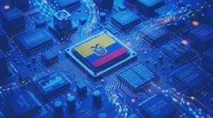 Imagen conceptual de la interoperabilidad en Ecuador con tecnología financiera, circuitos digitales y bandera ecuatoriana representando la evolución de los pagos en tiempo real.