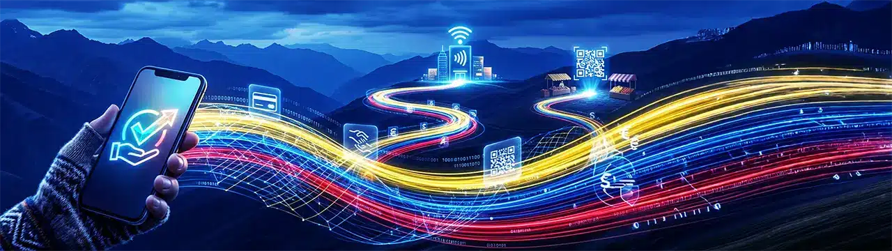 Representación de la interoperabilidad en Ecuador mediante conexiones digitales, pagos móviles, códigos QR e infraestructura tecnológica para un ecosistema financiero integrado.