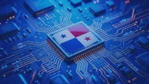 Imagen de la bandera de Panamá integrada con tecnología digital que representa la interoperabilidad financiera, la transformación de la banca y la conexión de sistemas transaccionales modernos.