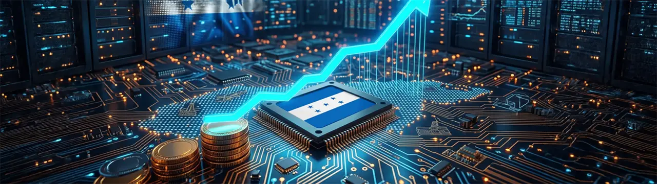 Illustration of a technology infrastructure featuring servers, circuits, currencies, an upward-trending graph, and the Honduran flag, on top of a processor.