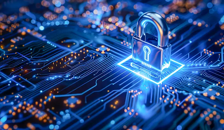 Digital padlock on a circuit board representing CRYPTGRID encryption as a service and PCI DSS key management for payment data.