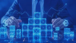 An executive stands in front of digital blocks, growth charts, and financial symbols, representing the evolution of a banking technology architecture.