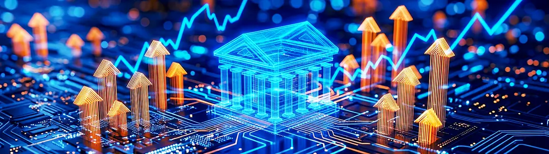Digital representation of a financial institution, connected to a technological infrastructure, surrounded by graphics and arrows symbolizing growth.
