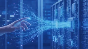 A hand connecting digital flows to servers, symbolizing visibility and orchestration in the face of financial operational risk.