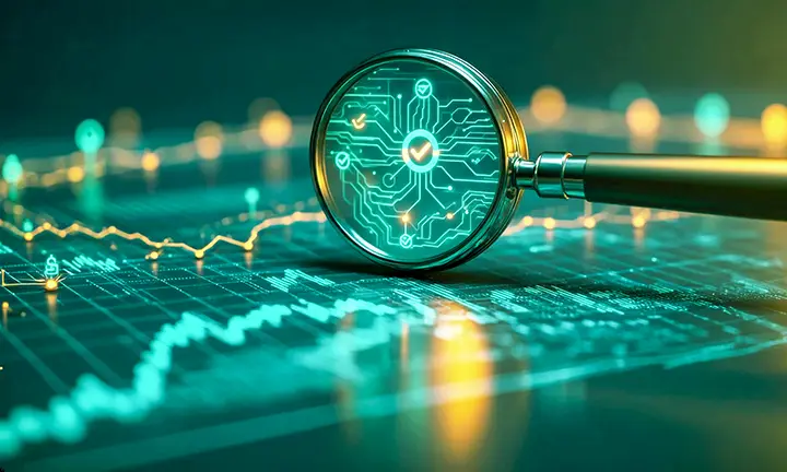 Magnifying glass inspecting digital transaction data to represent payment QA automation and pre-production validation.