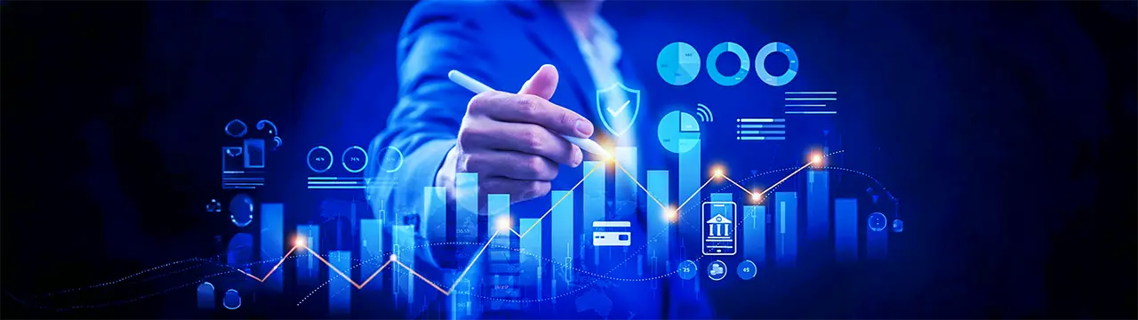 Hand interacting with a digital banking interface featuring cards, mobile payments, biometric authentication, and operational indicators.