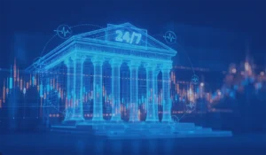 Representación digital de un banco operando 24/7, rodeado de gráficos financieros y señales de monitoreo transaccional.