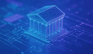 Representación digital de una institución bancaria conectada a una red tecnológica, como símbolo de un ecosistema de pagos centralizado.