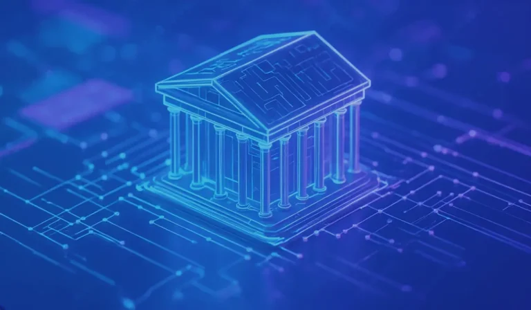Representación digital de una institución bancaria conectada a una red tecnológica, como símbolo de un ecosistema de pagos centralizado.