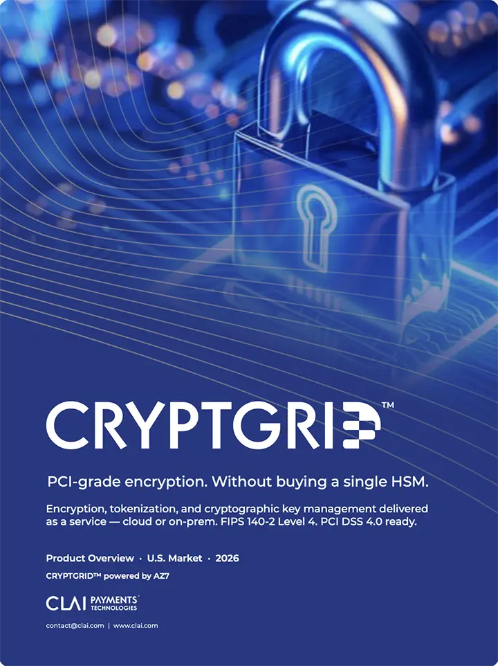 CRYPTGRID product overview cover featuring a digital padlock and information about PCI-grade encryption as a service for the U.S. market.