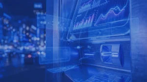 Cajero automático con interfaces digitales que representan la modernización de redes ATM y la evolución de los servicios bancarios.