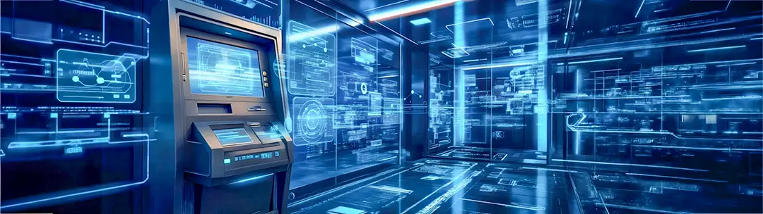 Cajero automático integrado a una plataforma digital que representa la modernización de redes ATM y la incorporación de nuevos servicios bancarios.