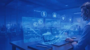 Especialista monitoreando una plataforma de pagos mediante paneles de observabilidad, seguridad y análisis transaccional en tiempo real.