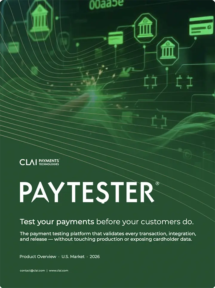 PAYTESTER payment testing software product overview cover for the U.S. market, featuring connected banks, payment cards, and transaction networks.