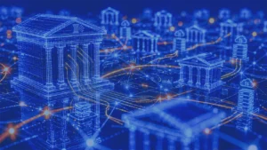 Arquitectura de pagos representada por instituciones financieras conectadas mediante una red digital de datos, servicios y sistemas bancarios.