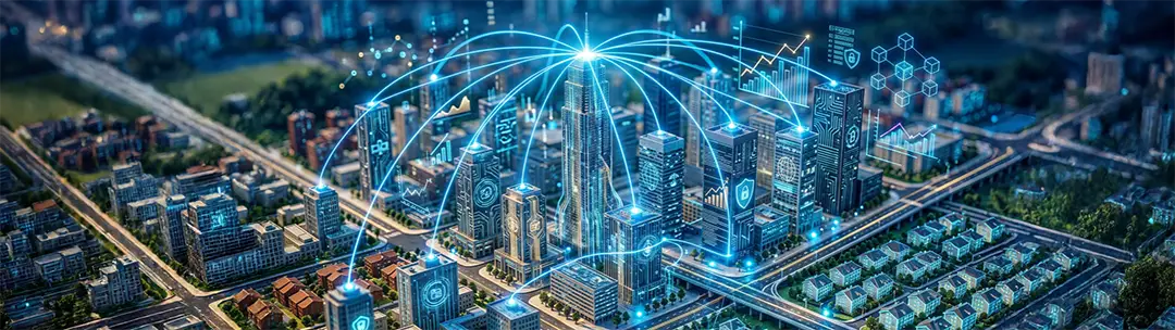 Arquitectura de pagos representada por una ciudad inteligente conectada con flujos digitales, indicadores financieros y redes tecnológicas integradas.