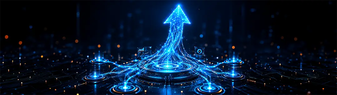 Nodos digitales conectados hacia un punto central con una flecha ascendente que representa evolución e integración en una arquitectura de pagos.