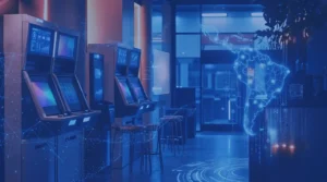 Red de cajeros automáticos con mapa digital de Latinoamérica que representa la evolución del uso del efectivo y de la infraestructura ATM.