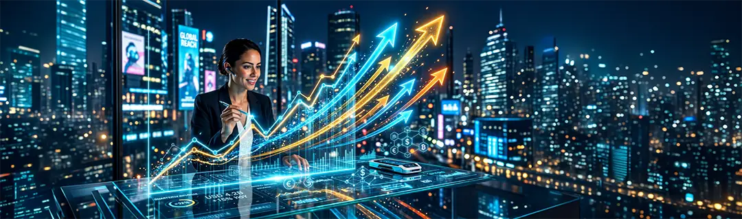 Ejecutiva analizando gráficos de crecimiento y desempeño sobre una interfaz digital para validar servicios transaccionales antes de su salida a producción.