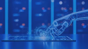 Mano robótica holográfica interactuando con una interfaz digital de seguridad, que representa la autorización de pagos con agentes de IA.