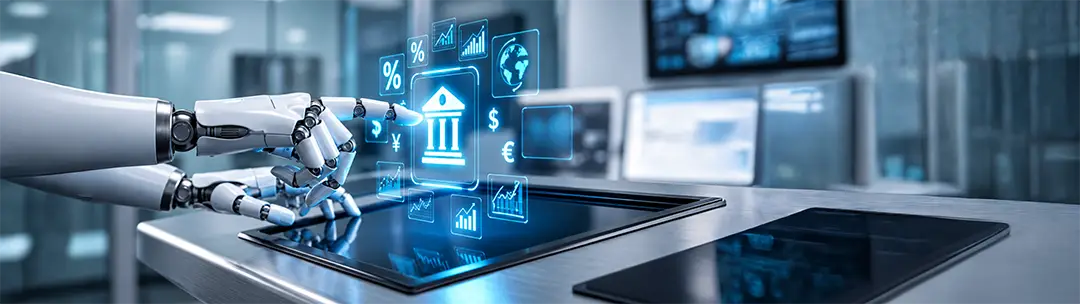 Mano robótica interactuando con una interfaz financiera holográfica que muestra un banco, divisas e indicadores económicos, representando los pagos con agentes de IA.