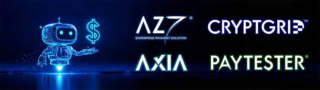 Ilustración de un agente de IA junto a los logotipos de AZ7®, CRYPTGRID™, AXIA™ y PAYTESTER®, soluciones de CLAI PAYMENTS® relacionadas con la infraestructura para pagos con agentes de IA.