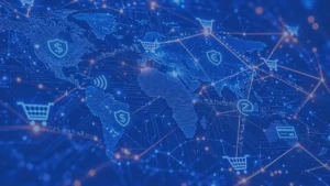 Mapa digital del mundo con conexiones financieras, símbolos de divisas y comercio electrónico que representa los pagos transfronterizos y la interconexión de sistemas de pago.