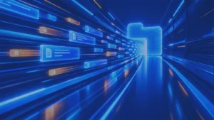 Túnel tecnológico azul con documentos digitales en movimiento hacia una carpeta iluminada, que representa el lanzamiento de productos financieros.